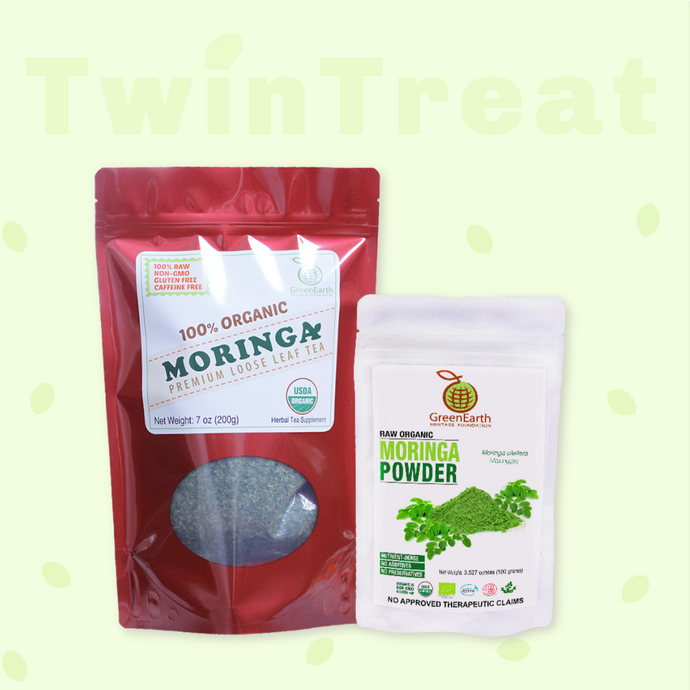 Moringa Miracle Twin Treat Pack of 2- Moringa Loose Leaf Tea  7 oz + Moringa Powder 3.5 oz by GreenEarth