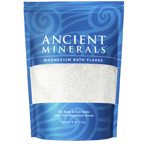 Ancient Minerals® Magnesium Bath Flakes 8 lb in stand-up resealable pouch available at www.mvpselections.com