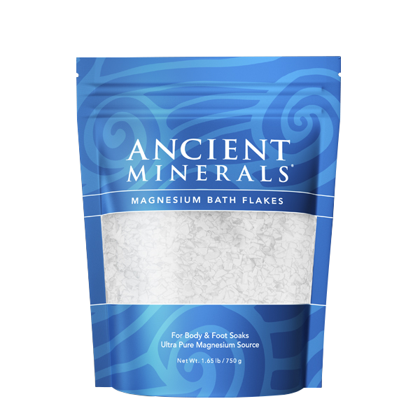 Ancient Minerals® Magnesium Bath Flakes 1.65 lb in stand-up resealable pouch available at www.mvpselections.com