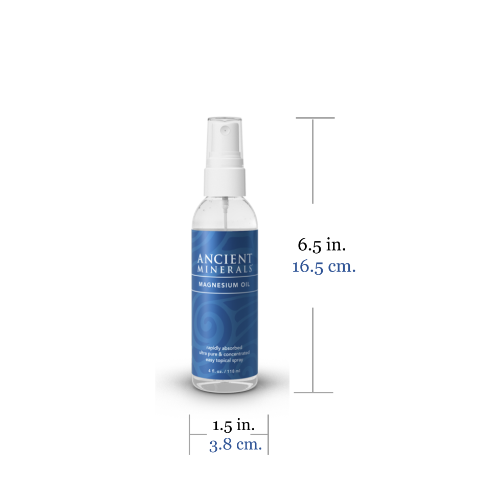 Ancient Minerals® Magnesium Oil 4 oz in spray bottle size 6.5L x 1.5 D inches