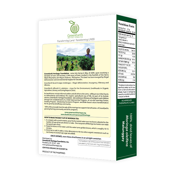 Back View Classic Small Pack Moringa Loose Leaf Tea 3.5 oz in Box by GreenEarth