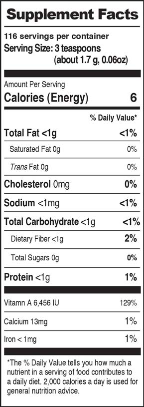 Nutrition Facts SuperSaver Pack Moringa Loose Leaf Tea 7 oz in Red Pouch by GreenEarth