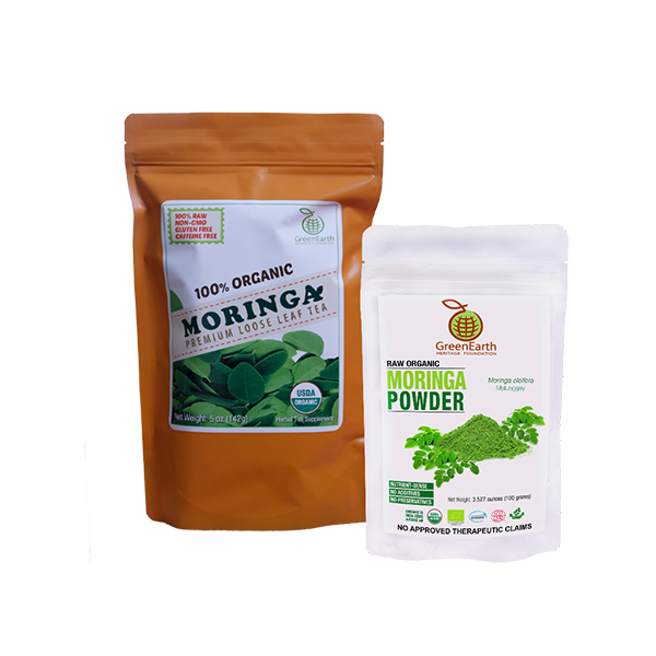 Moringa Miracle Twin Treat Pack of 2- Moringa Loose Leaf Tea  5 oz + Moringa Powder 3.5 oz by GreenEarth