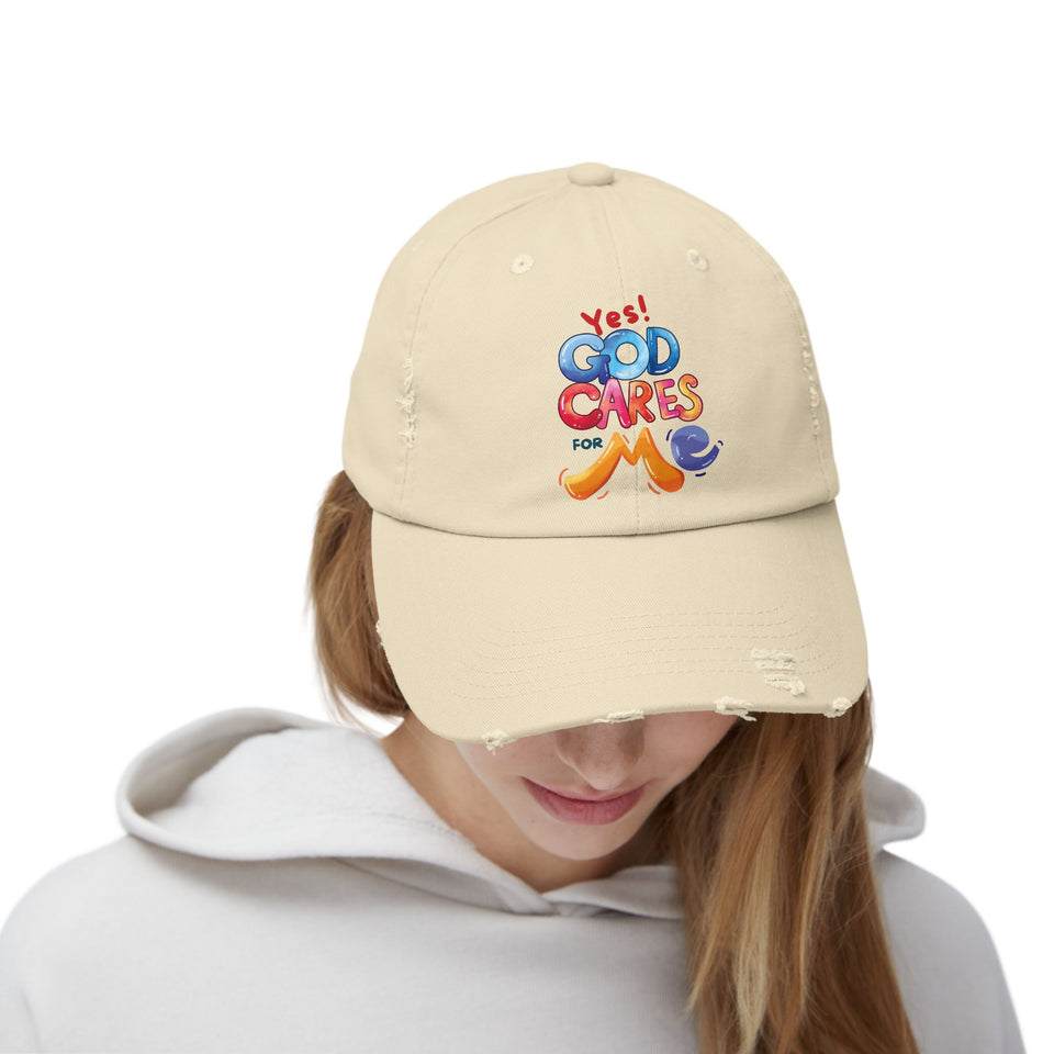 Distressed Cap — "Yes! God Cares for Me" Colorful Faith Baseball Hat