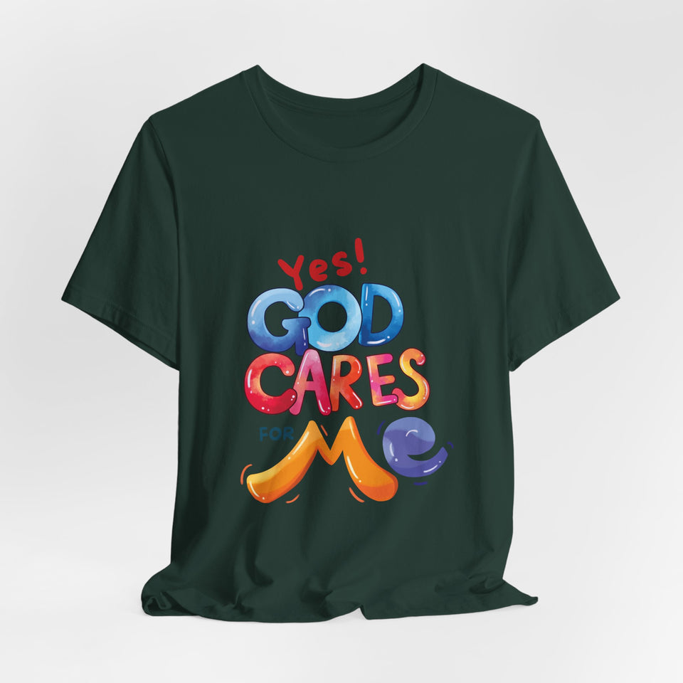 T-Shirt — "Yes! God Cares For Me" Colorful Faith Graphic Tee