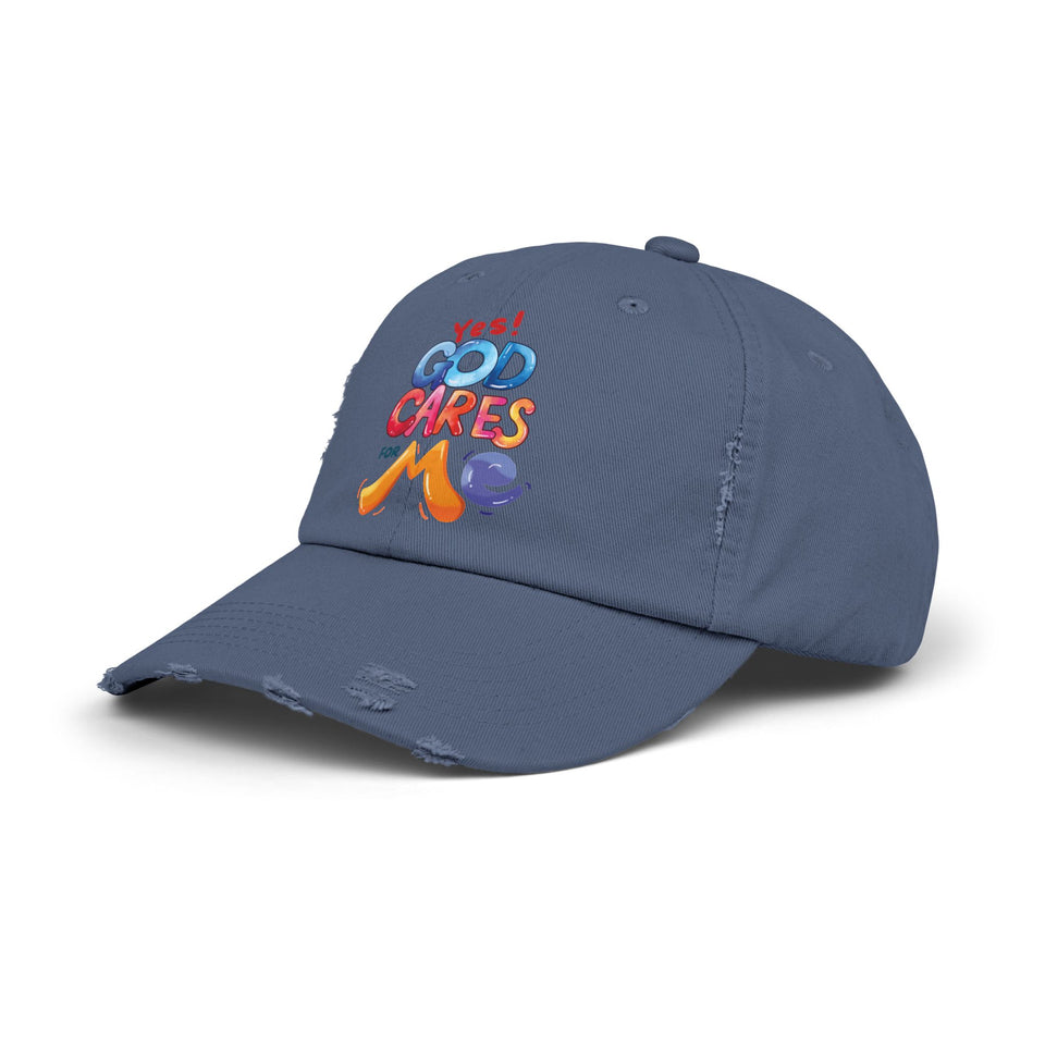Distressed Cap — "Yes! God Cares for Me" Colorful Faith Baseball Hat
