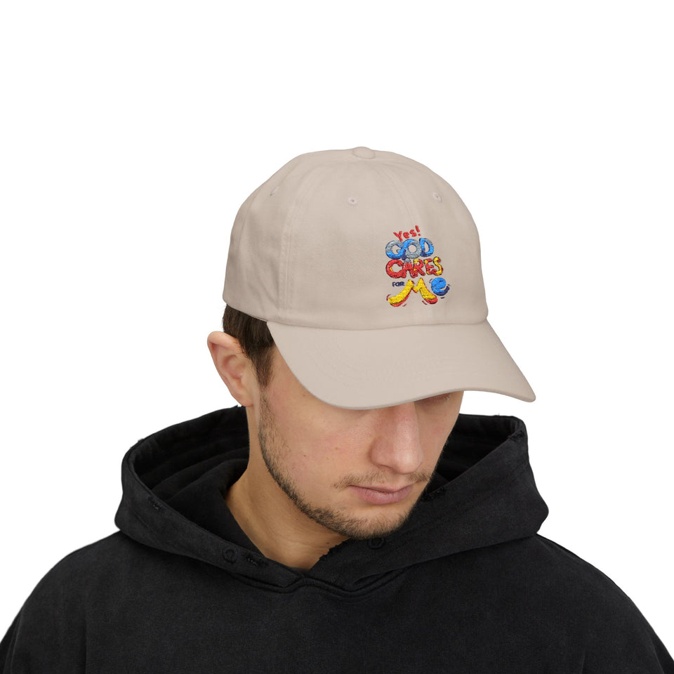 Dad Cap — "Yes! God Cares for Me" Embroidered Faith Baseball Hat