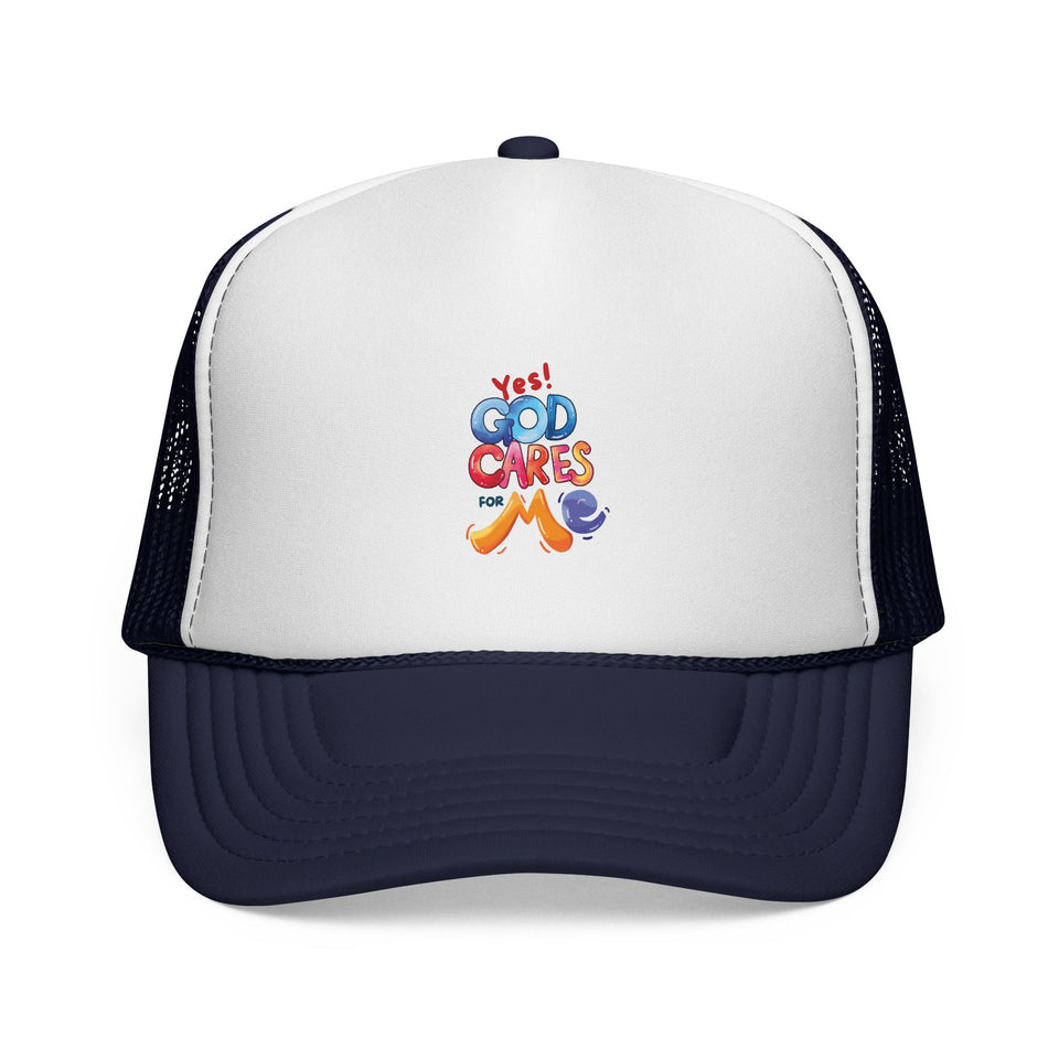 Trucker Cap — "God Cares for Me" Colorful Faith Mesh Hat