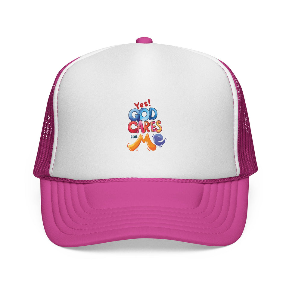 Trucker Cap — "God Cares for Me" Colorful Faith Mesh Hat