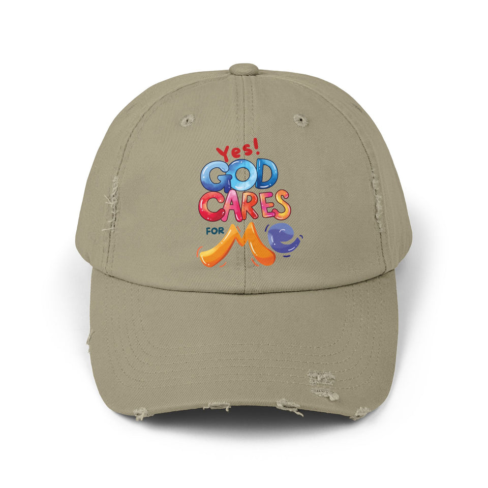 Distressed Cap — "Yes! God Cares for Me" Colorful Faith Baseball Hat