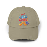 Distressed Cap — "Yes! God Cares for Me" Colorful Faith Baseball Hat