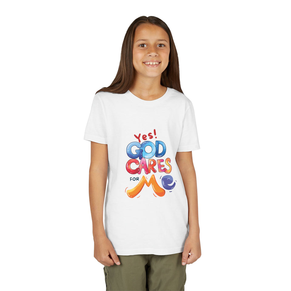 Youth Tee — "Yes! God Cares For Me" Colorful Faith Graphic