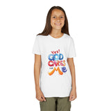 Youth Tee — "Yes! God Cares For Me" Colorful Faith Graphic