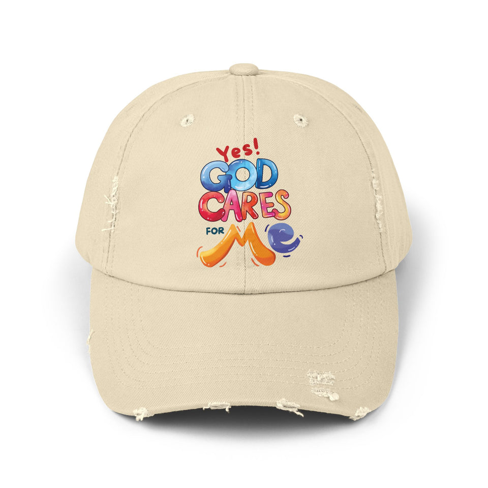Distressed Cap — "Yes! God Cares for Me" Colorful Faith Baseball Hat