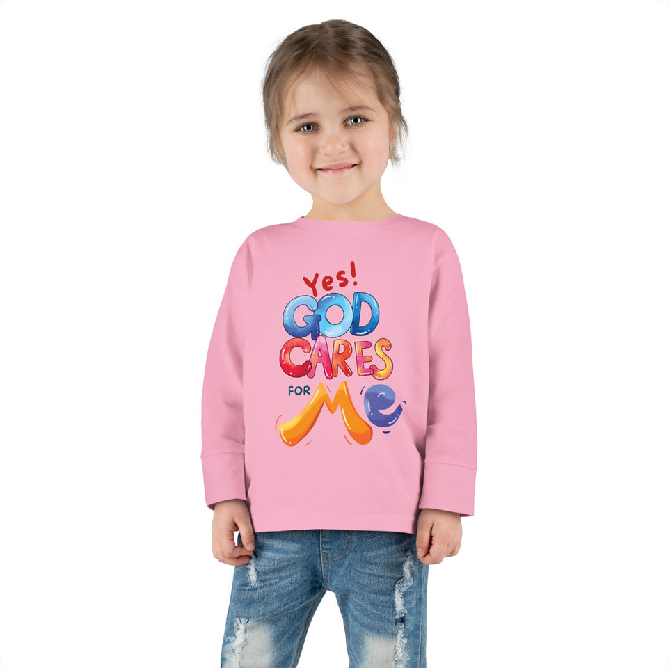 Toddler Long Sleeve Tee — "Yes! God Cares for Me" Colorful Faith Shirt