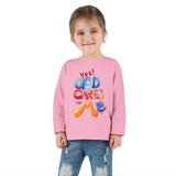 Toddler Long Sleeve Tee — "Yes! God Cares for Me" Colorful Faith Shirt