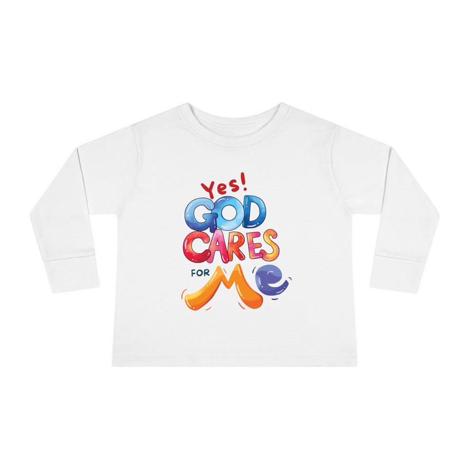 Toddler Long Sleeve Tee — "Yes! God Cares for Me" Colorful Faith Shirt