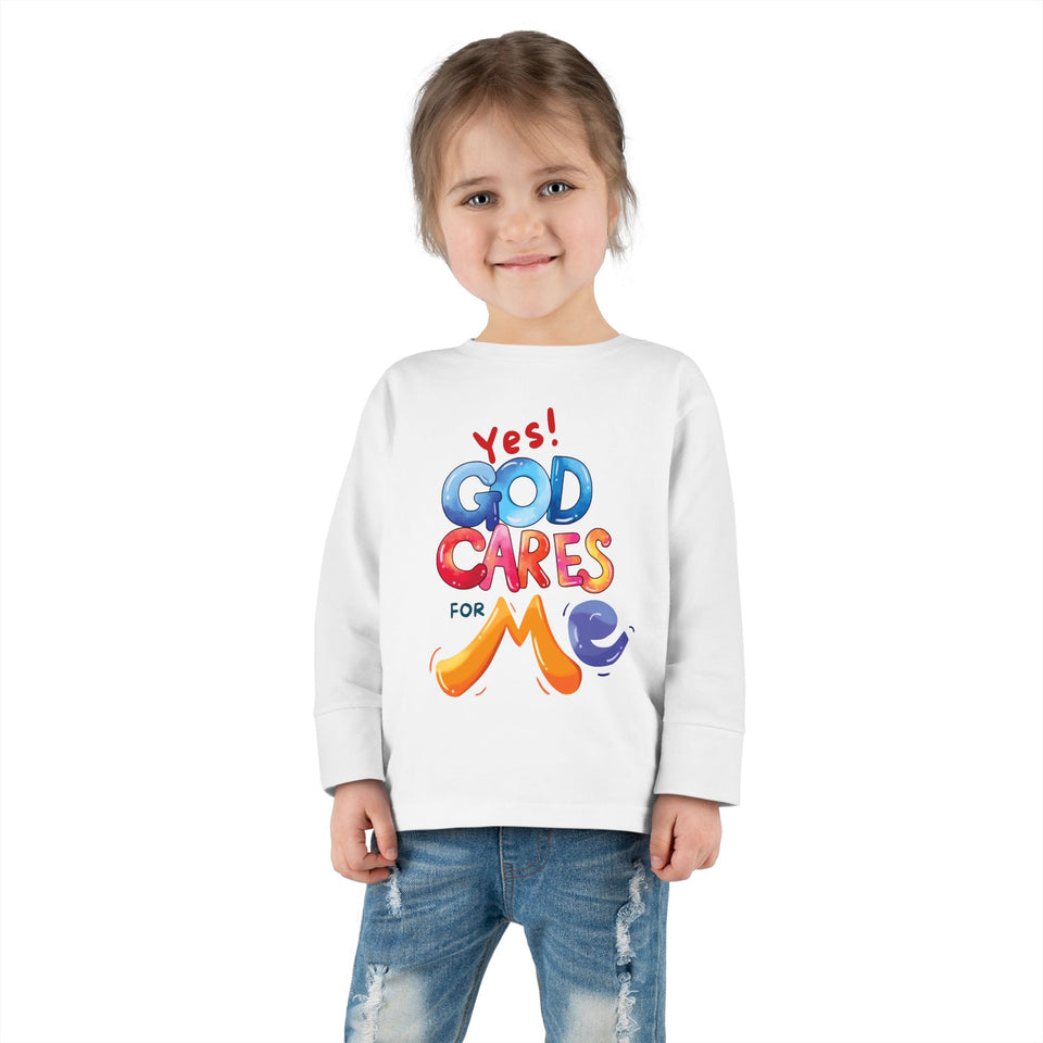 Toddler Long Sleeve Tee — "Yes! God Cares for Me" Colorful Faith Shirt