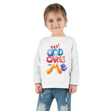 Toddler Long Sleeve Tee — "Yes! God Cares for Me" Colorful Faith Shirt