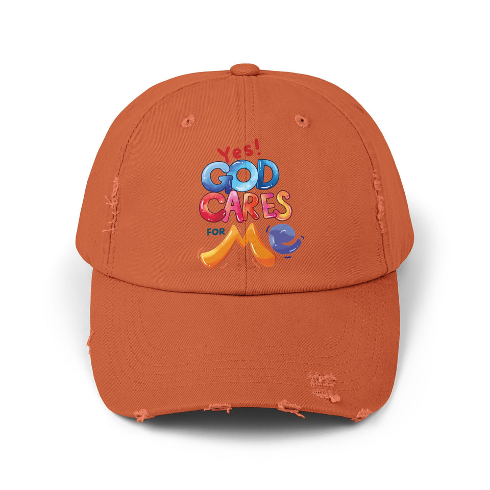Distressed Cap — "Yes! God Cares for Me" Colorful Faith Baseball Hat