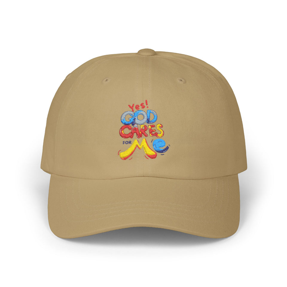 Dad Cap — "Yes! God Cares for Me" Embroidered Faith Baseball Hat