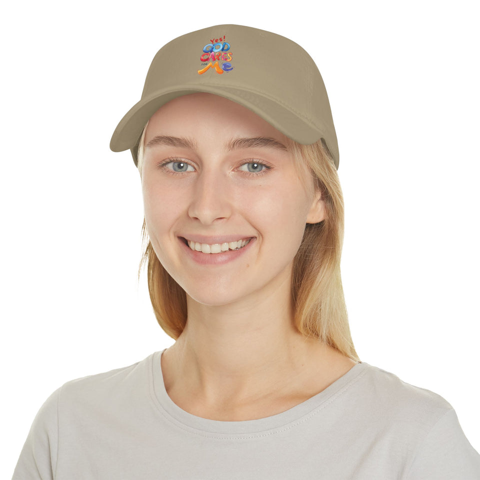 Low-Profile Baseball Cap — "Yes! God Cares About Me" Colorful Faith Hat