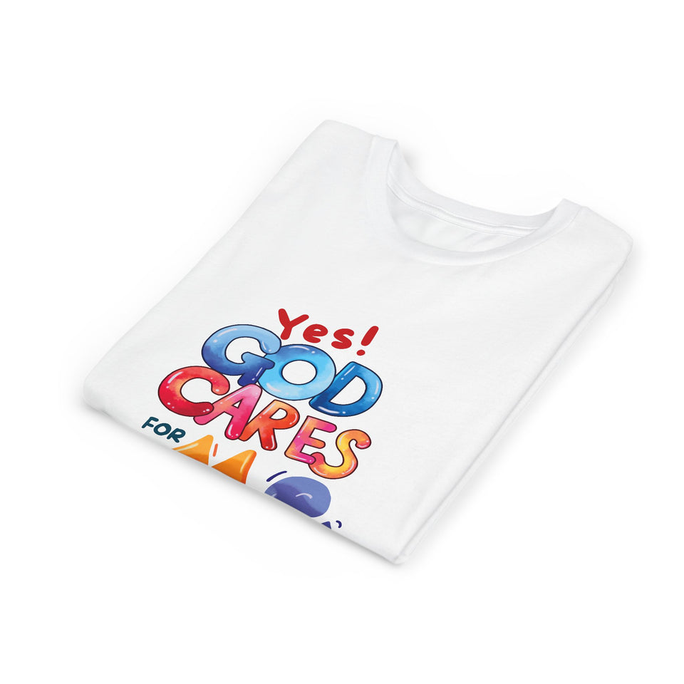 Youth Tee — "Yes! God Cares For Me" Colorful Faith Graphic