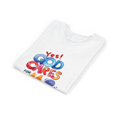 Youth Tee — "Yes! God Cares For Me" Colorful Faith Graphic