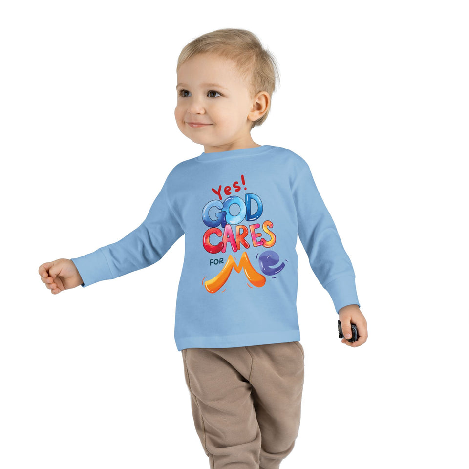 Toddler Long Sleeve Tee — "Yes! God Cares for Me" Colorful Faith Shirt