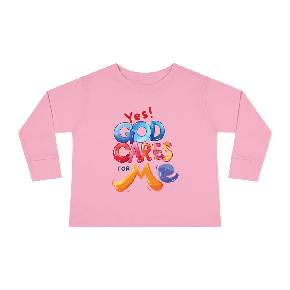 Toddler Long Sleeve Tee — "Yes! God Cares for Me" Colorful Faith Shirt