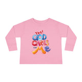Toddler Long Sleeve Tee — "Yes! God Cares for Me" Colorful Faith Shirt