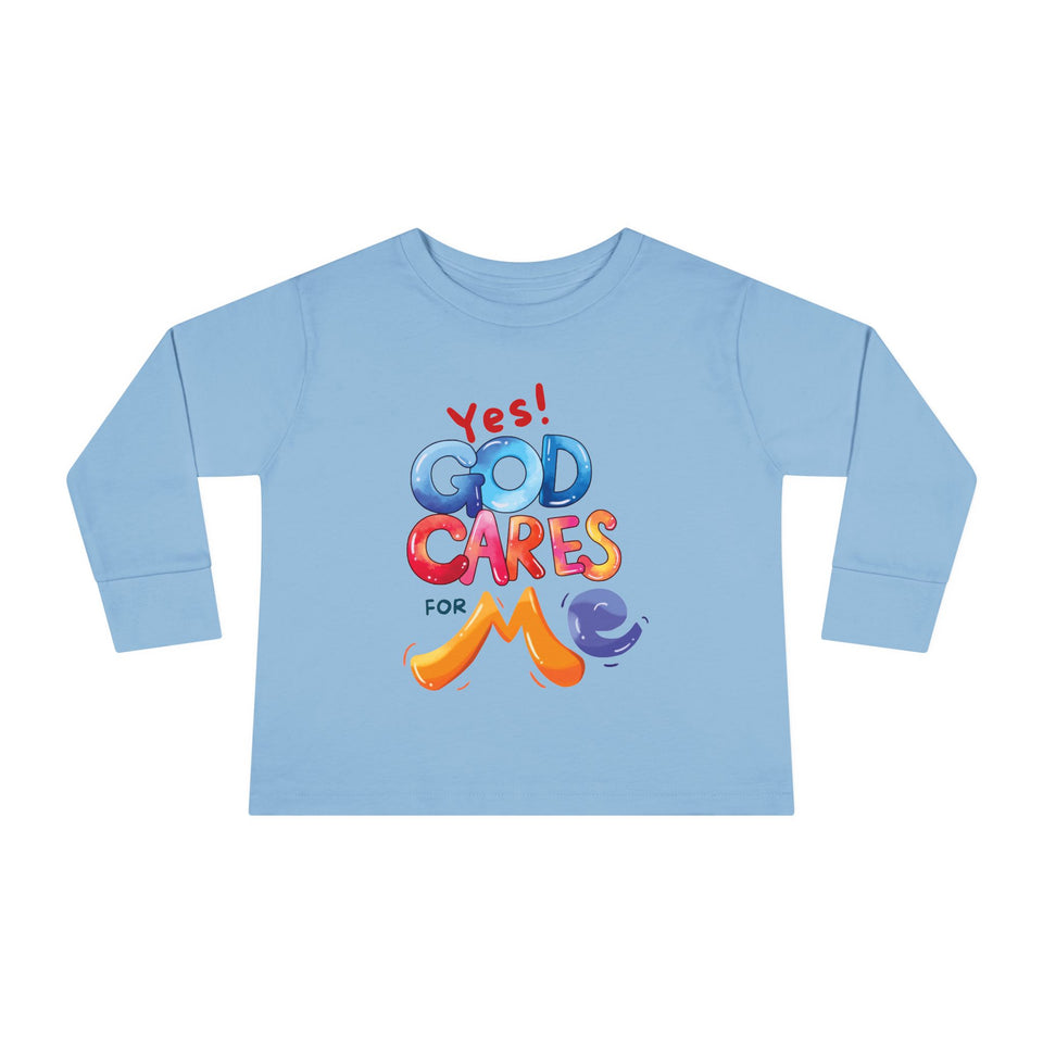 Toddler Long Sleeve Tee — "Yes! God Cares for Me" Colorful Faith Shirt