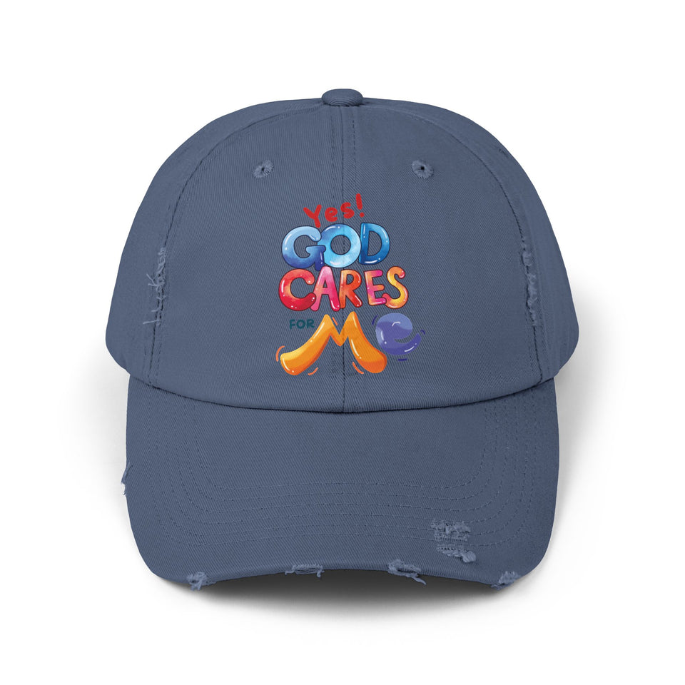 Distressed Cap — "Yes! God Cares for Me" Colorful Faith Baseball Hat