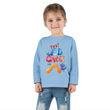 Toddler Long Sleeve Tee — "Yes! God Cares for Me" Colorful Faith Shirt