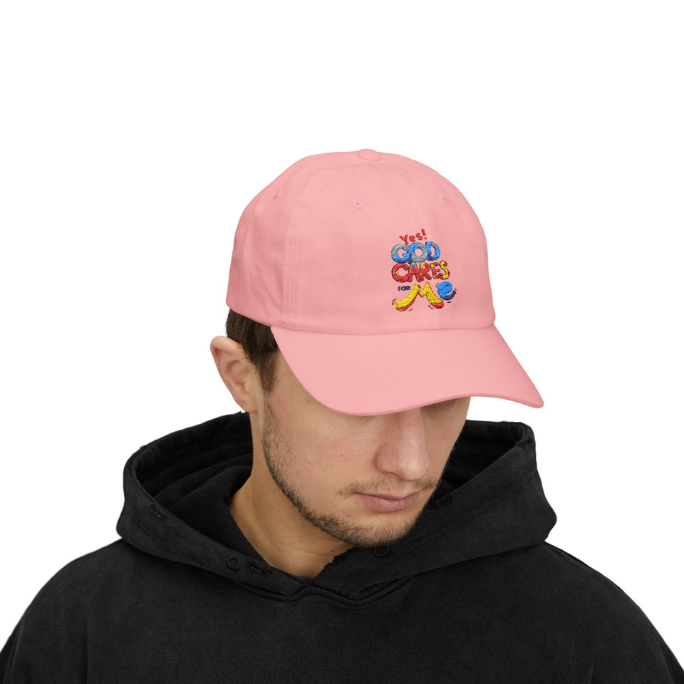 Dad Cap — "Yes! God Cares for Me" Embroidered Faith Baseball Hat