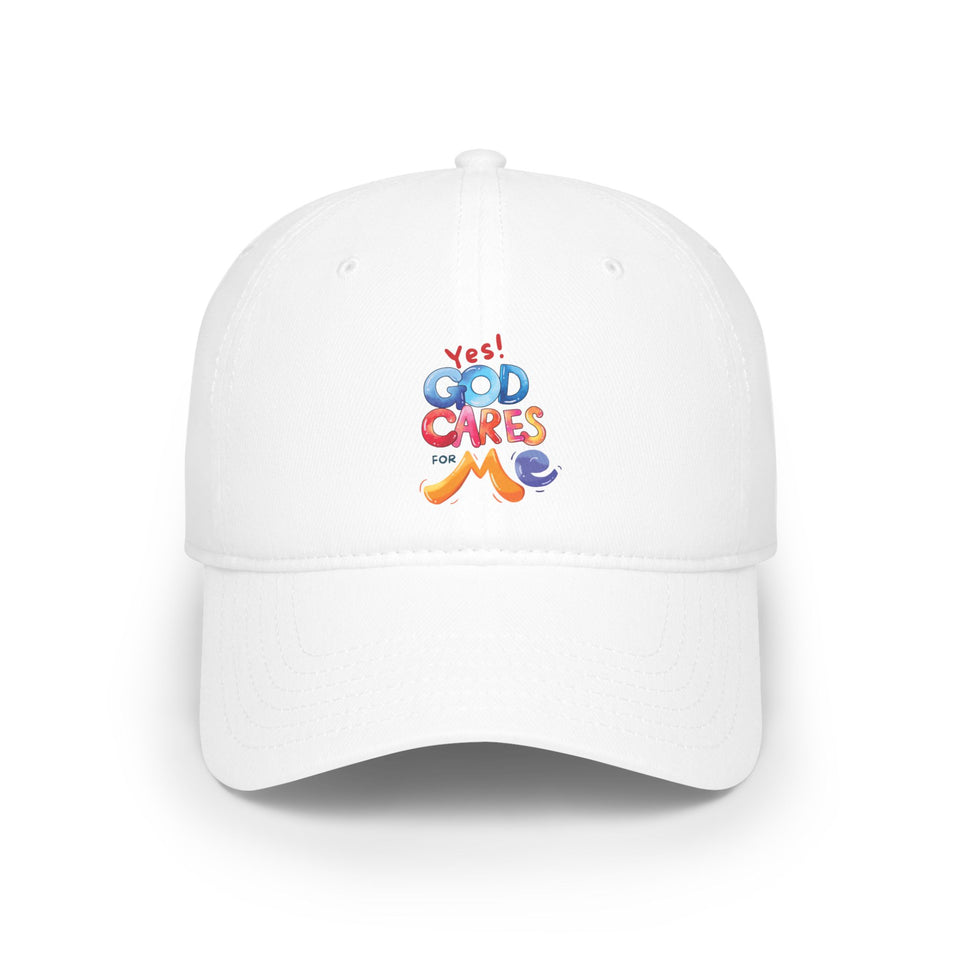 Low-Profile Baseball Cap — "Yes! God Cares About Me" Colorful Faith Hat