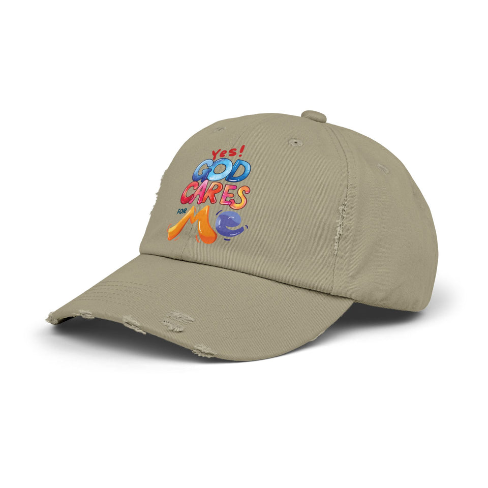 Distressed Cap — "Yes! God Cares for Me" Colorful Faith Baseball Hat