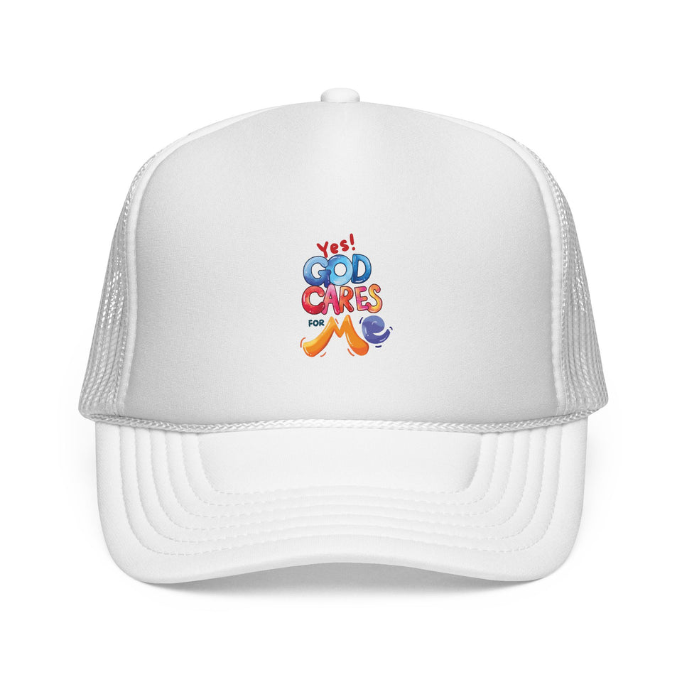 Trucker Cap — "God Cares for Me" Colorful Faith Mesh Hat