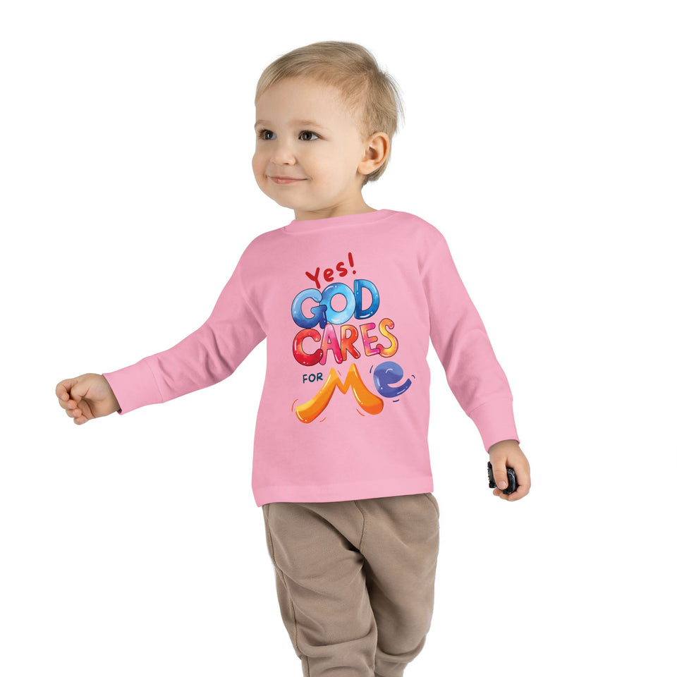 Toddler Long Sleeve Tee — "Yes! God Cares for Me" Colorful Faith Shirt