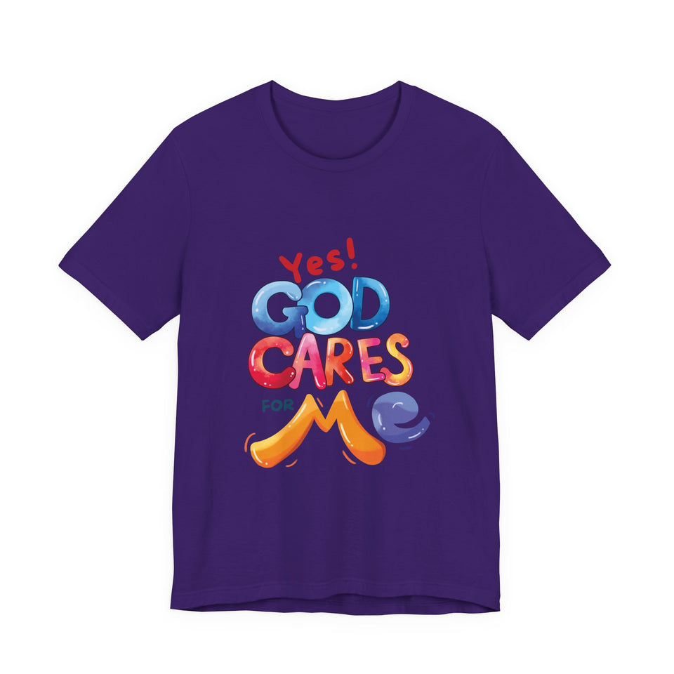 T-Shirt — "Yes! God Cares For Me" Colorful Faith Graphic Tee