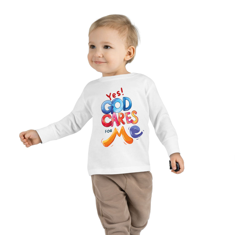 Toddler Long Sleeve Tee — "Yes! God Cares for Me" Colorful Faith Shirt