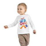 Toddler Long Sleeve Tee — "Yes! God Cares for Me" Colorful Faith Shirt