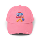 Distressed Cap — "Yes! God Cares for Me" Colorful Faith Baseball Hat