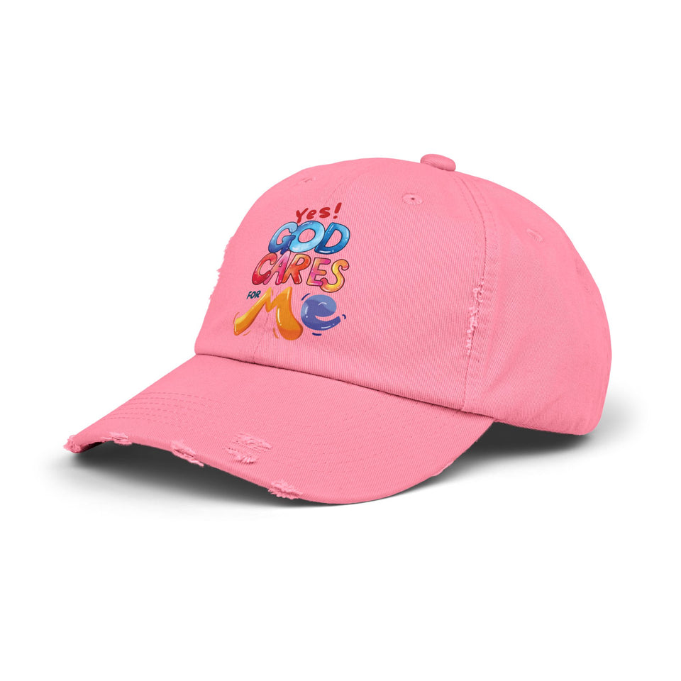 Distressed Cap — "Yes! God Cares for Me" Colorful Faith Baseball Hat