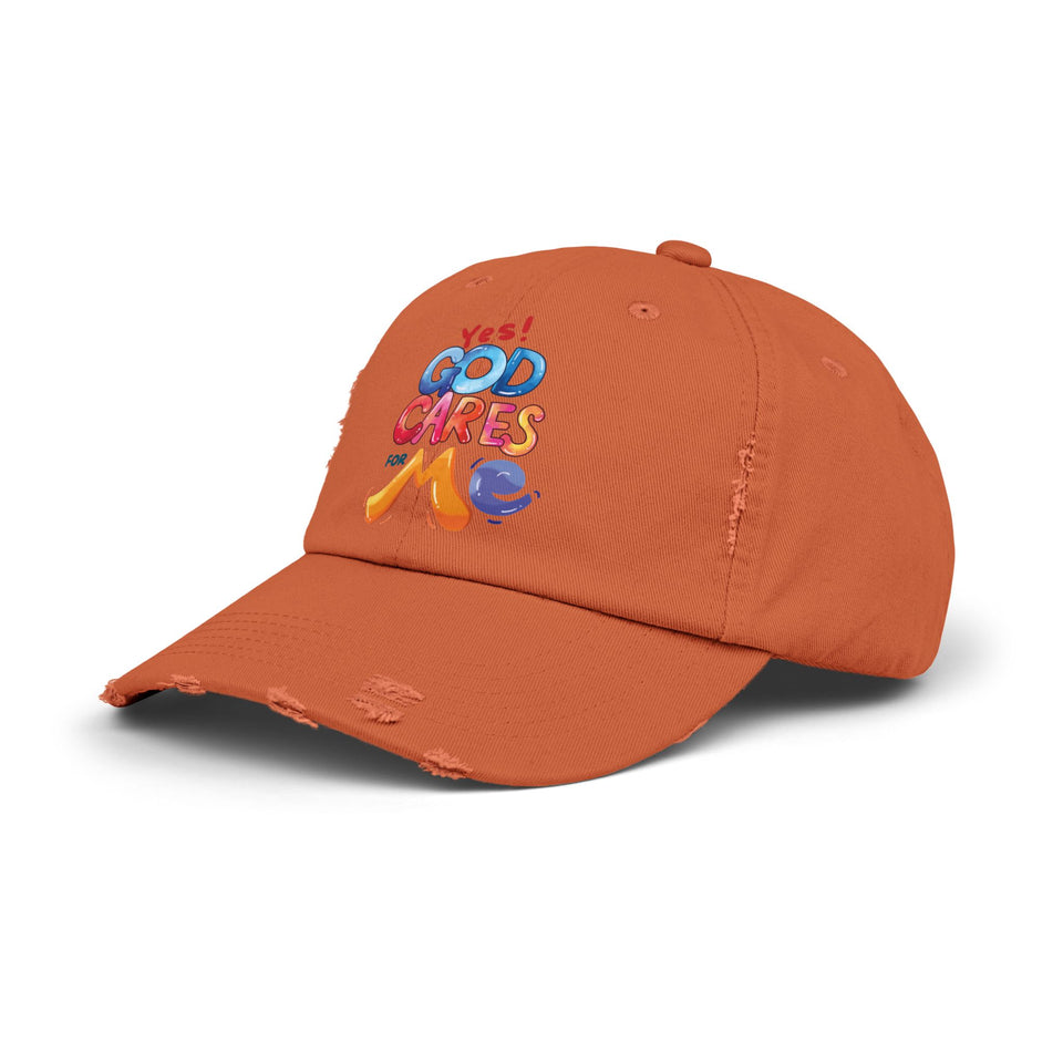 Distressed Cap — "Yes! God Cares for Me" Colorful Faith Baseball Hat