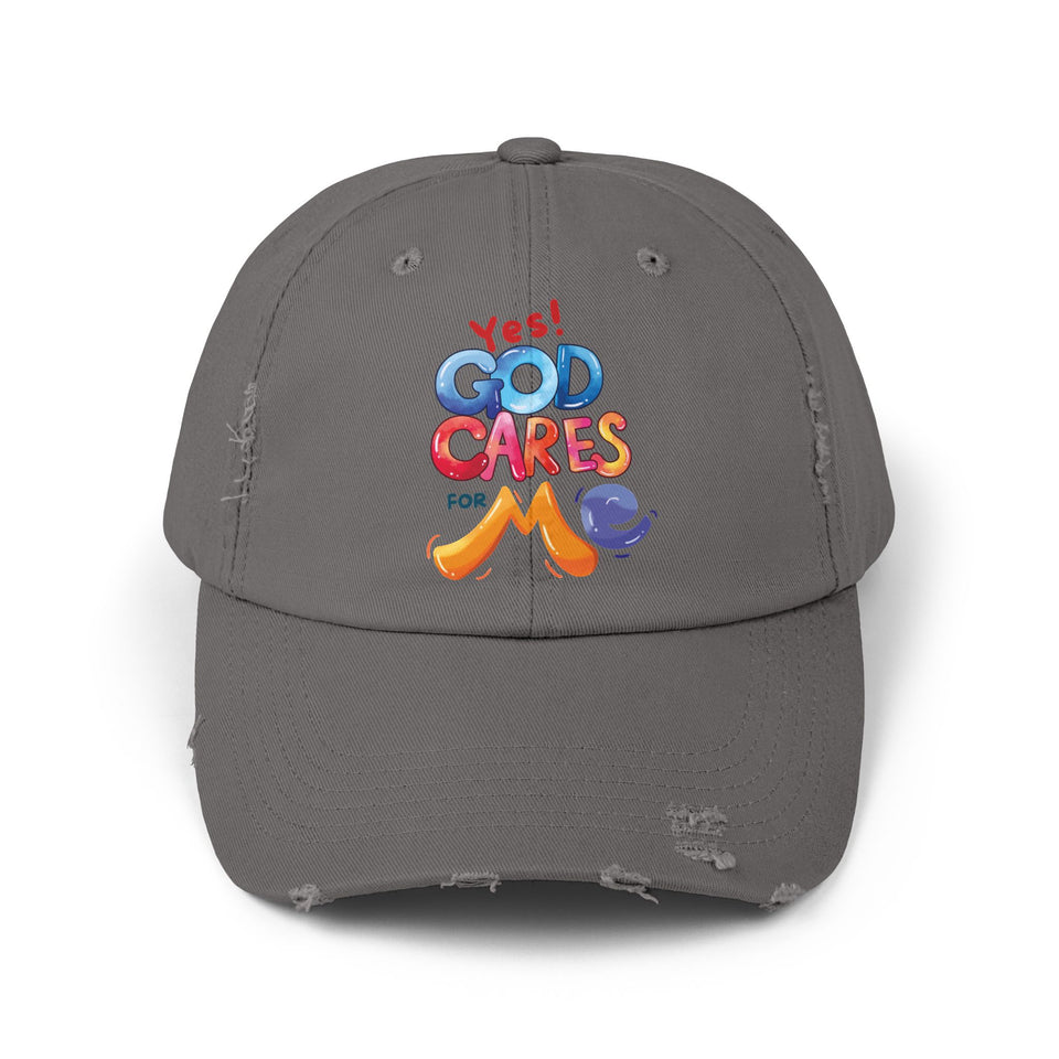 Distressed Cap — "Yes! God Cares for Me" Colorful Faith Baseball Hat