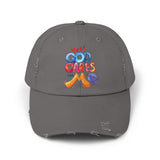 Distressed Cap — "Yes! God Cares for Me" Colorful Faith Baseball Hat