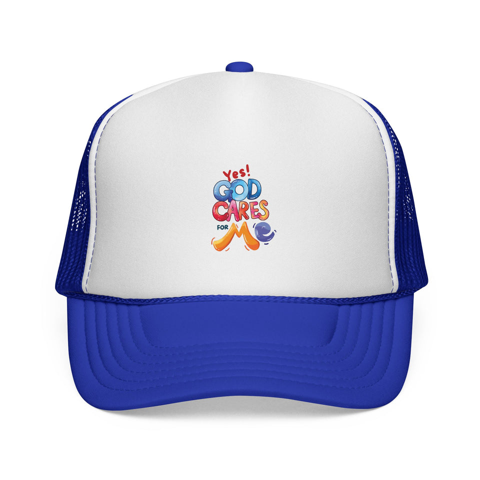 Trucker Cap — "God Cares for Me" Colorful Faith Mesh Hat