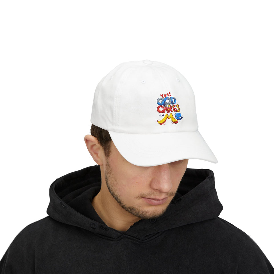 Dad Cap — "Yes! God Cares for Me" Embroidered Faith Baseball Hat