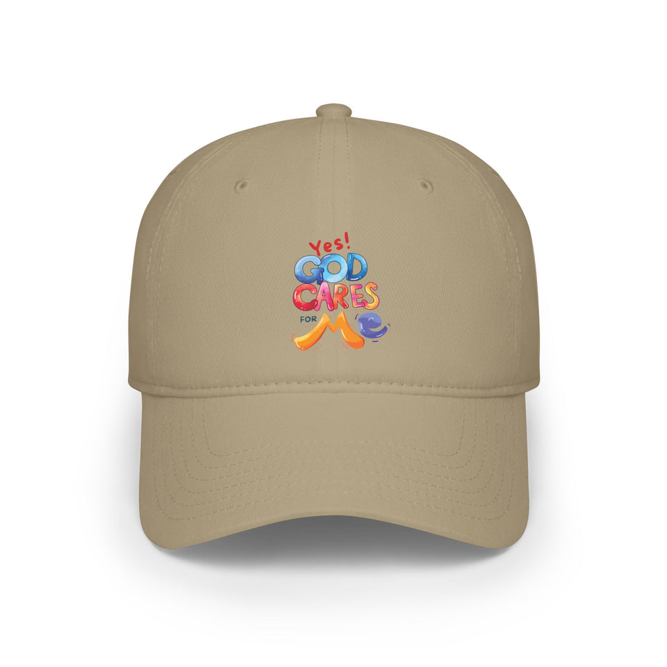 Low-Profile Baseball Cap — "Yes! God Cares About Me" Colorful Faith Hat